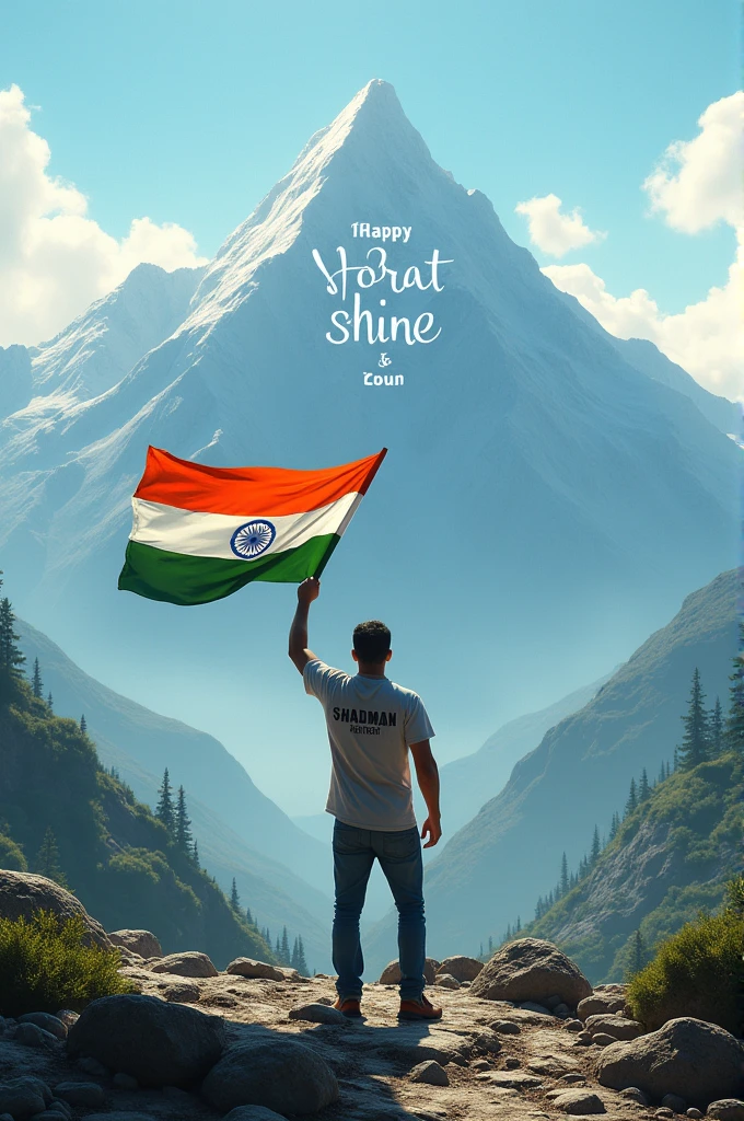"Create a 3D illusion of a majestic mountain with the words 'NORAH SHINE' engraved in large, bold letters on the mountain's top. At the forefront of the image, a 30-year-old man stands proudly, holding the Indian national flag high. He is facing the mountain, and on the back of his t-shirt, the name 'SHADMAN' is clearly visible. The scene is set on 15th August, with 'Happy Independence Day' subtly incorporated into the background, blending with the natural elements to enhance the celebratory atmosphere."