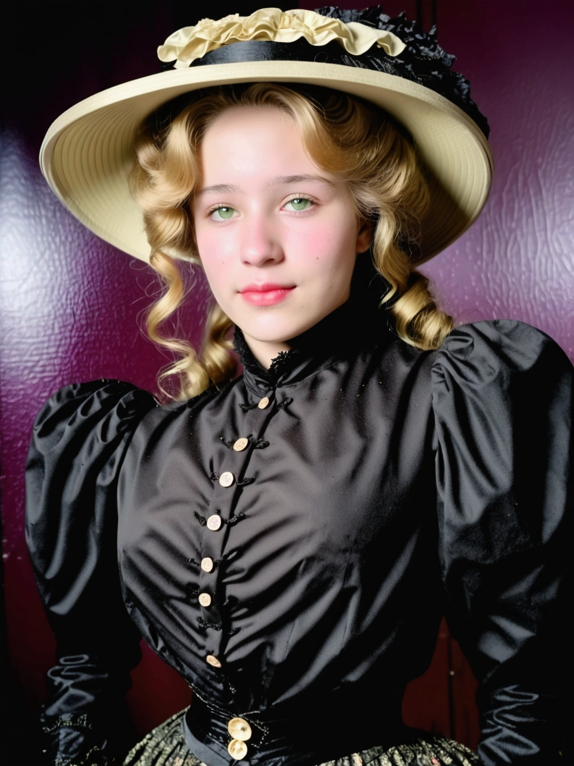 Sexy 12yo Gibson Girl of the Edwardian era. Wearing her (((1900_dr3ss:1.5))). High-collar long sleeve shirtwaist, long skirt, wide-brimmed picture hat. (((Full body))). 9-inch Wasp waist, bubble butt sticking out. Full body. Honey blonde hair 