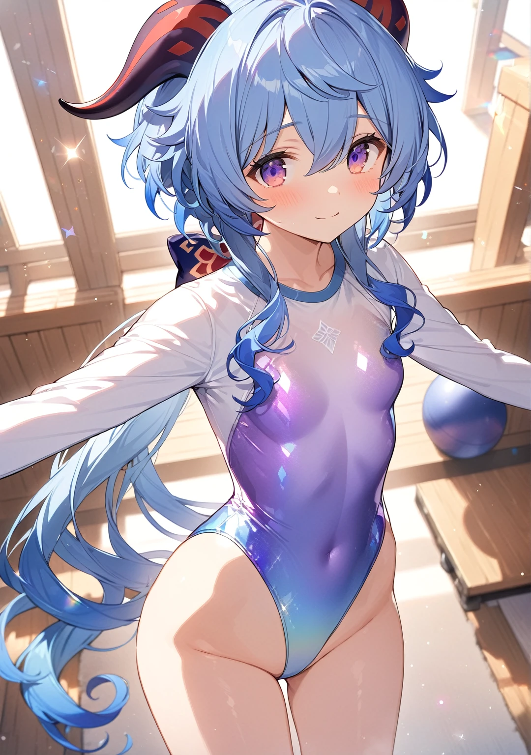 highquality illustration, masterpiece, very delicate and beautiful, attractive girl,(gymnastics leotard, Floral patterns leotard,long sleeve leotard with glittery decoration,high_leg leotard,athletic leotard,tight-fit leotard,iridescent gradient leotard,long-sleeve leotard),thin,slender body,slim,high school,gymnasium background,gymnastics club,gymnastics athlete,princess, beautiful eyes,light smile,(masterpiece, best quality:1.2), highres, extremely detailed CG unity 8k wallpaper, perfect lighting, Colourful, ultra-high res,4K,ultra-detailed, photography, 8K, HDR, 17 ages,cowboy shot,