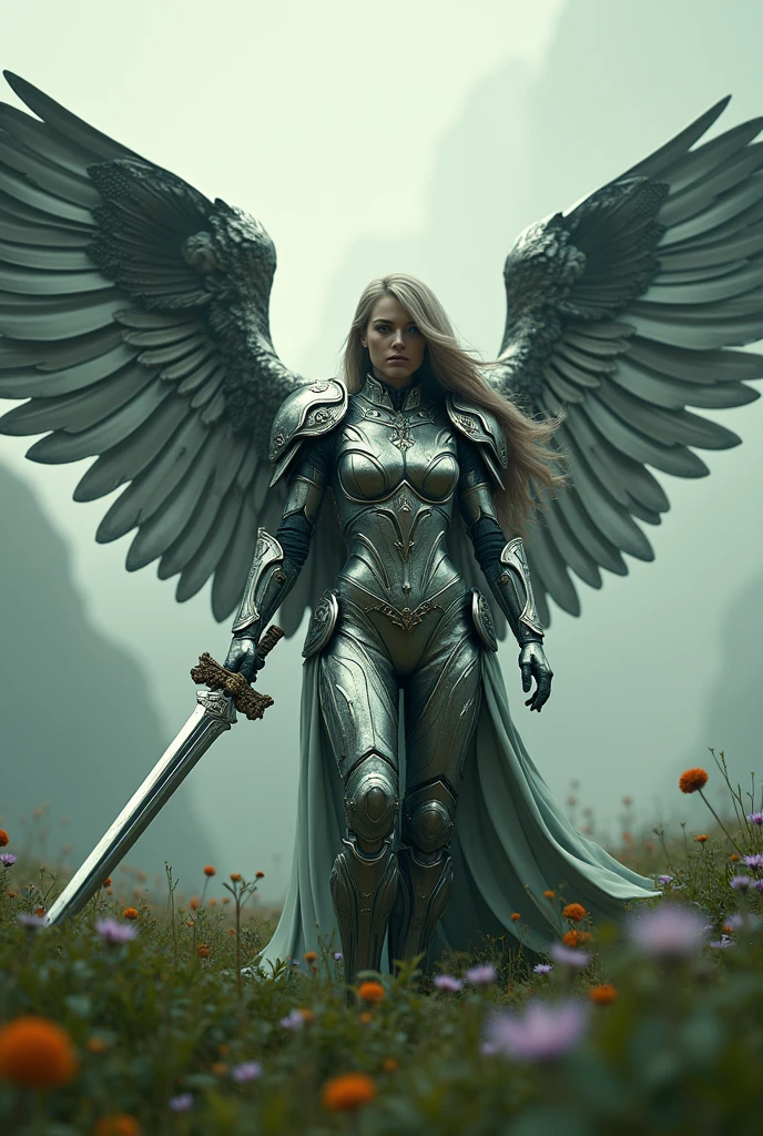 archangel michael,war effect,REAL - style image of a woman with a sword in a field, cyberpunk art inspired by Leng Mei, cgsociety contest winner, fantasy art, beautiful cyborg angel girl, angel knight girl, as a mystical valkyrie, battle angel, angel in mithril armor, mechanized valkyrie girl, unreal engine 4k wallpaper, wraith from apex legends, epic angel wings