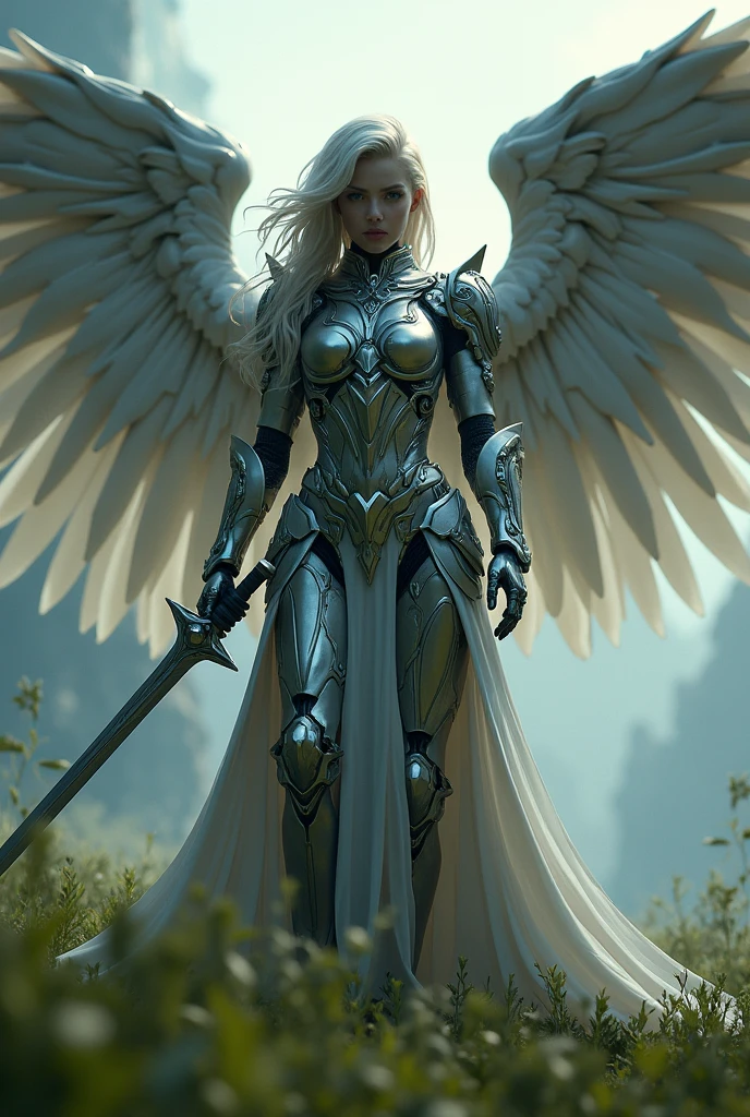 archangel michael,war effect,REAL - style image of a woman with a sword in a field, cyberpunk art inspired by Leng Mei, cgsociety contest winner, fantasy art, beautiful cyborg angel girl, angel knight girl, as a mystical valkyrie, battle angel, angel in mithril armor, mechanized valkyrie girl, unreal engine 4k wallpaper, wraith from apex legends, epic angel wings