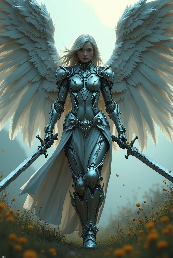 archangel michael,war effect,REAL - style image of a woman with a sword in a field, cyberpunk art inspired by Leng Mei, cgsociety contest winner, fantasy art, beautiful cyborg angel girl, angel knight girl, as a mystical valkyrie, battle angel, angel in mithril armor, mechanized valkyrie girl, unreal engine 4k wallpaper, wraith from apex legends, epic angel wings