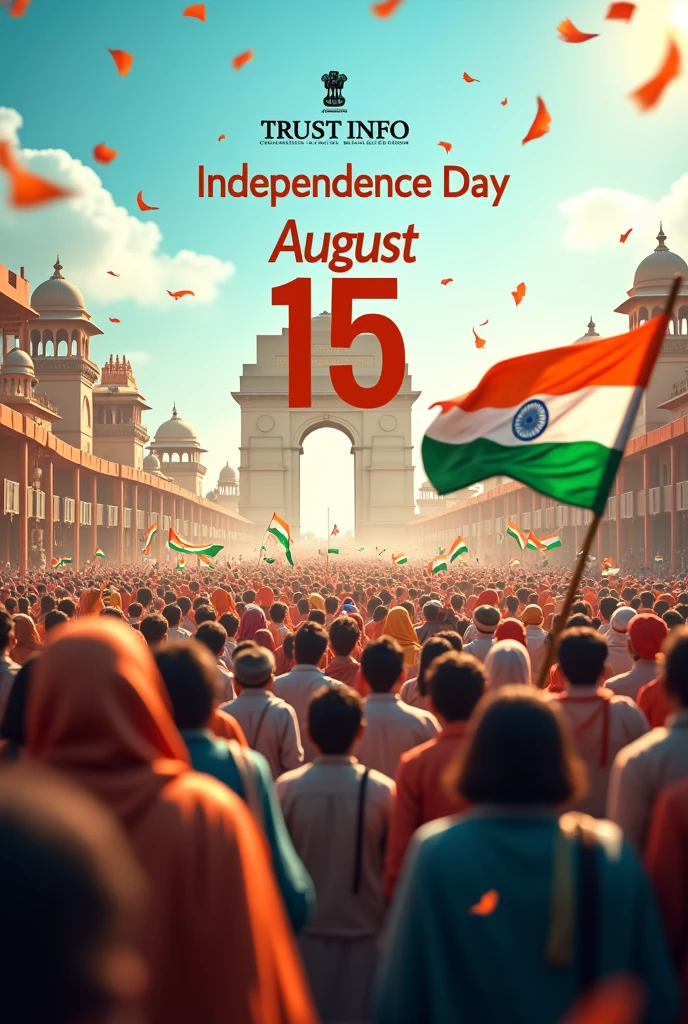 Showing Independence Day of India and text of  Independence Day August 15 and  “Trust Info Enterprises” in red