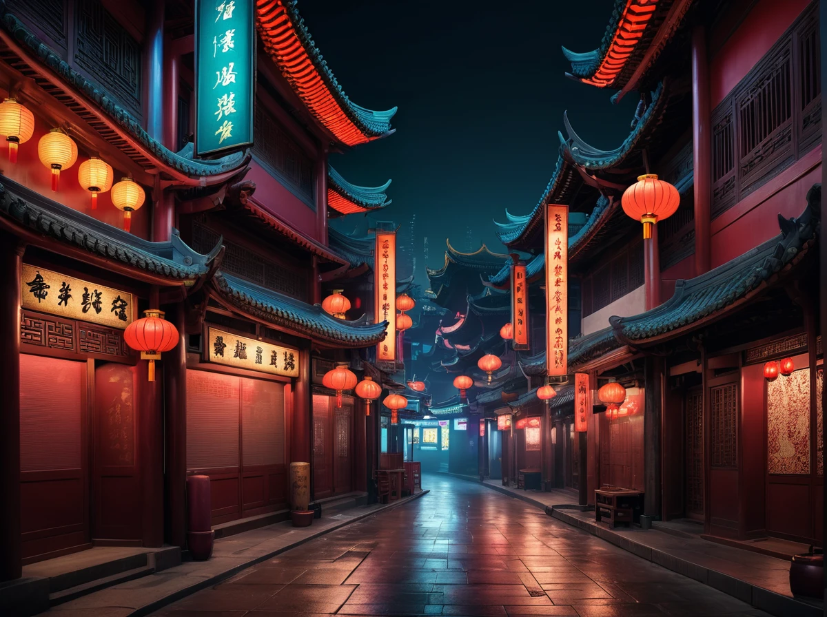chinatown at night, many illuminated neon signs and billboards, few people, cinematic lighting, detailed architecture, ancient chinese culture, moody atmosphere, dramatic colors, (best quality,4k,8k,highres,masterpiece:1.2),ultra-detailed,(realistic,photorealistic,photo-realistic:1.37),cinematic composition,dramatic chiaroscuro lighting,vibrant neon colors,intricate architectural details,empty streets at night,ancient chinese architecture,mysterious ambiance