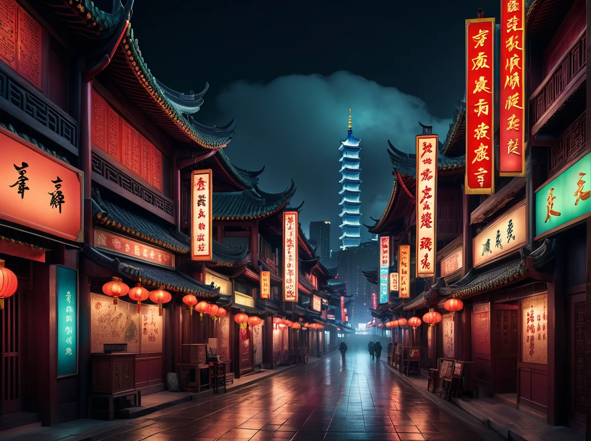 chinatown at night, many illuminated neon signs and billboards, few people, cinematic lighting, detailed architecture, ancient chinese culture, moody atmosphere, dramatic colors, (best quality,4k,8k,highres,masterpiece:1.2),ultra-detailed,(realistic,photorealistic,photo-realistic:1.37),cinematic composition,dramatic chiaroscuro lighting,vibrant neon colors,intricate architectural details,empty streets at night,ancient chinese architecture,mysterious ambiance