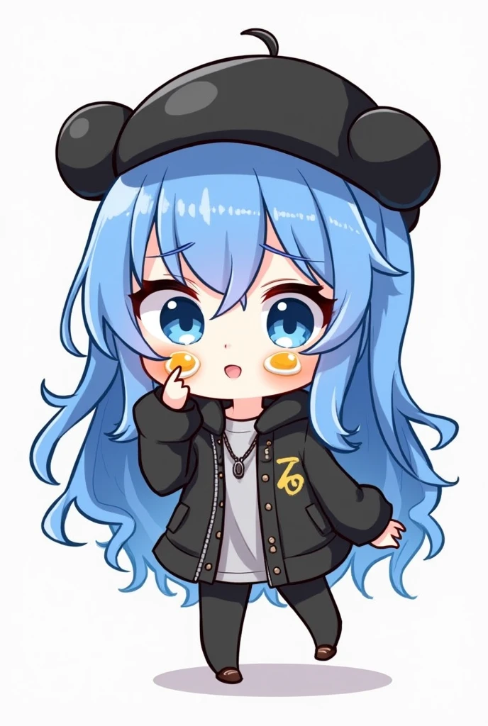 A chibi drawing of a girl with long, wavy blue hair wearing a black bear hat. She has two fried eggs on her cheeks, is dressed in a cool outfit, has big eyes, is poking her cheek with her finger, and has blue eyes.
