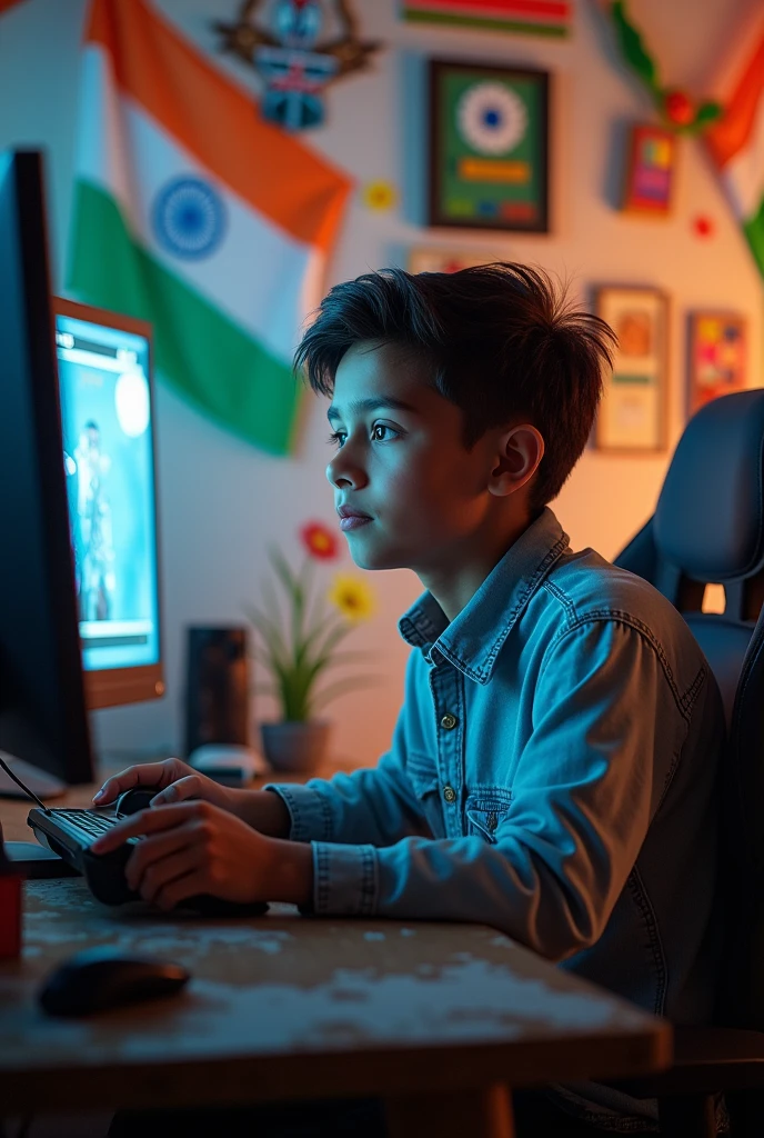 The Young Gamer seeing on his computer and playing game and background is fully decorated with flags and other stuffs on the occasion of indian independence day