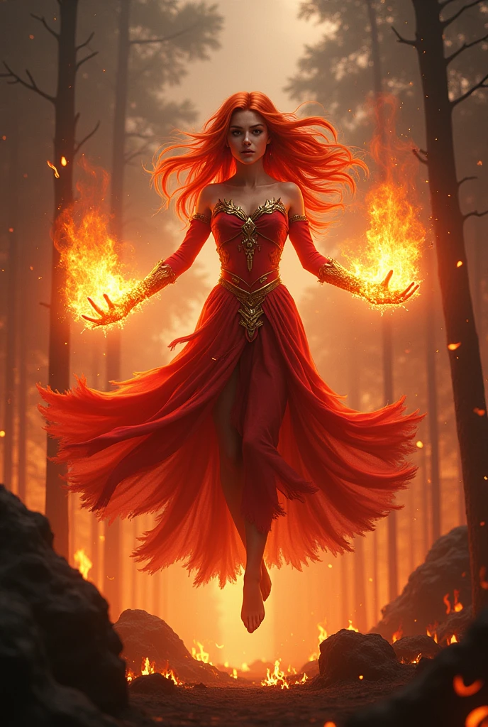 Dota2, lina inverse, floating, fire in his hands, burning forest in the background. photorealistic, 4k