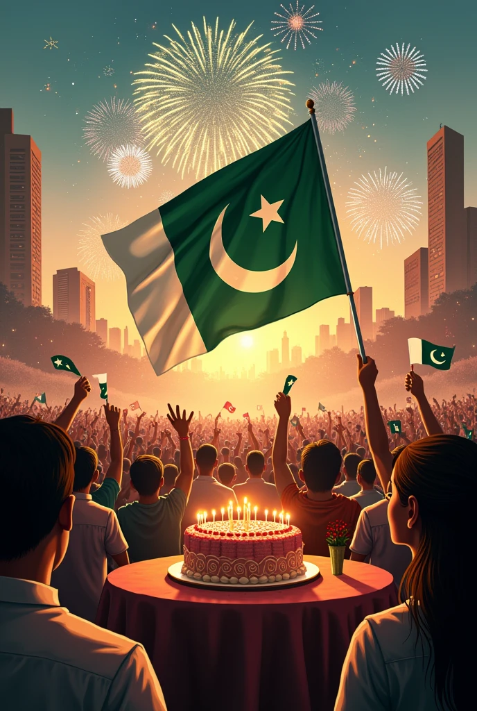 I have made a vlog for my youtube channel which I want to get a thumbs up this thumbnail is celebrating pakistan ap independence there are many crowd in this celebration and huge pakistan flag in the crowd. There is a cake that is being cut and fireworks are going off in the sky and there are Pakistan flags everywhere.