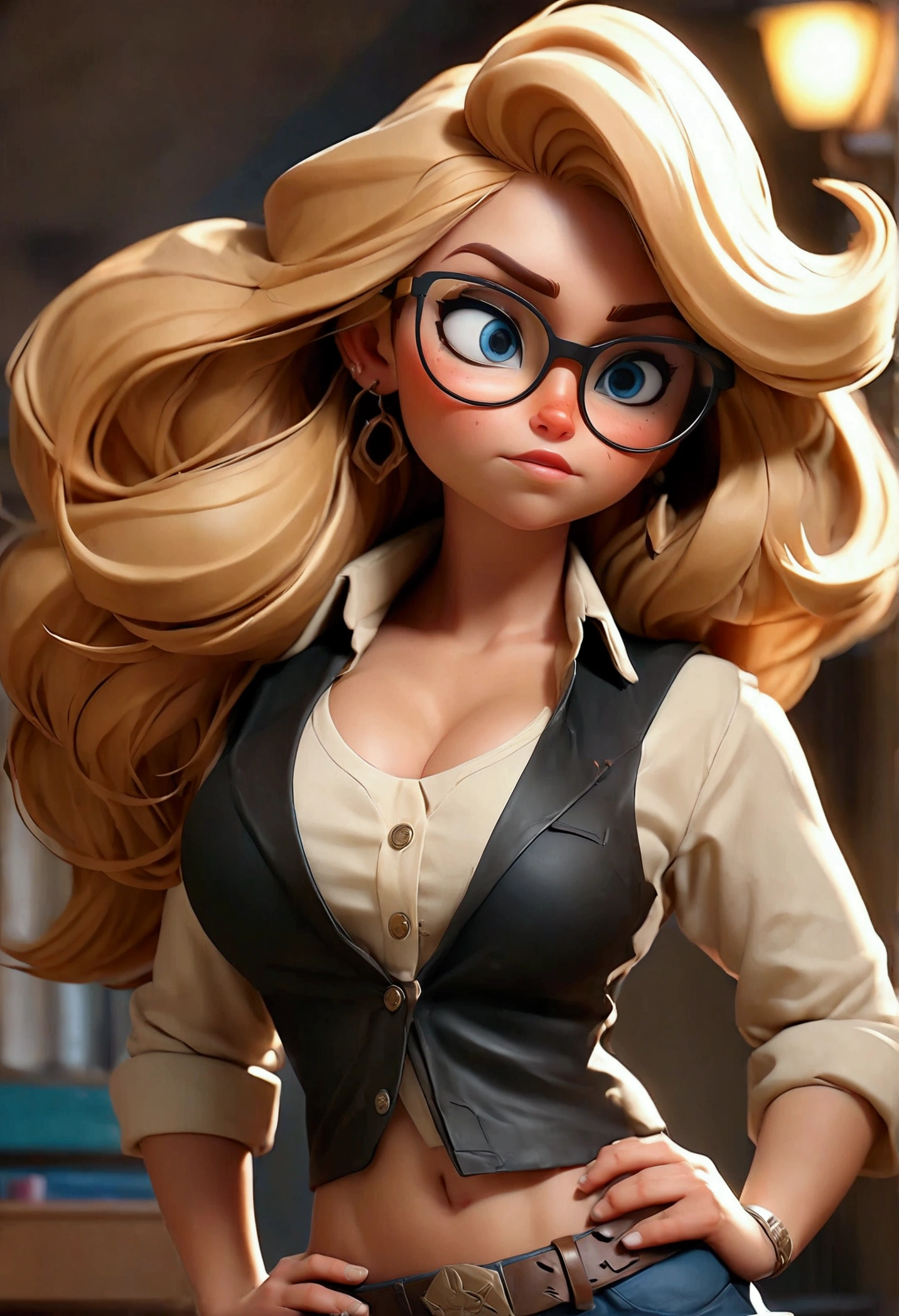 (Best quality, high resolution: 1.2), Ultra-detailed, (Realistic: 1.37) brunette, medium blonde hair, blue eyes, with  black glasses round small chest, 30 years, full body,  brown leather cowgirl style((( big boobs sexy))) leather  vest