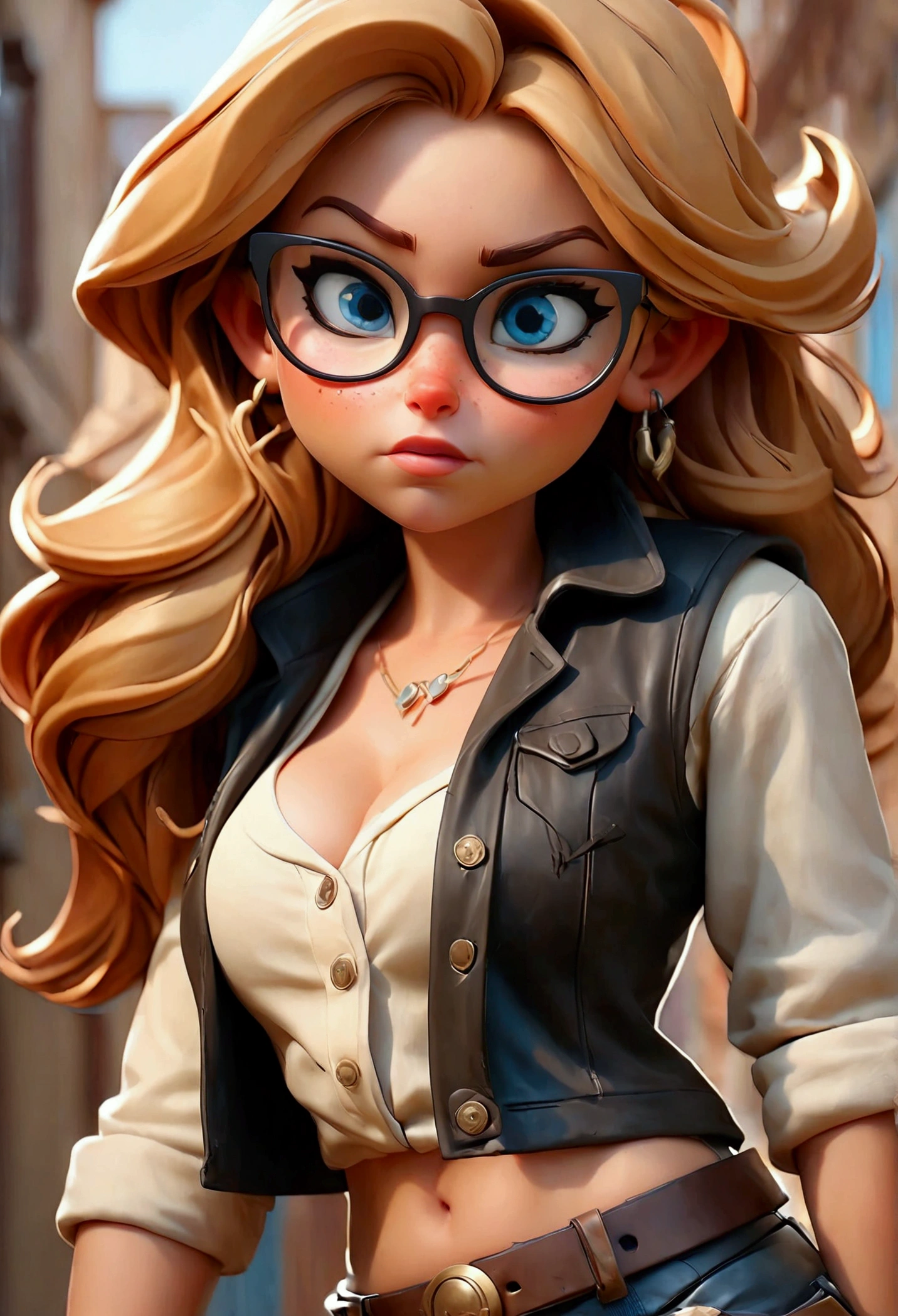 (Best quality, high resolution: 1.2), Ultra-detailed, (Realistic: 1.37) brunette, medium blonde hair, blue eyes, with black glasses round small chest, 30 years, full body, brown leather cowgirl style((( big boobs sexy))) leather vest