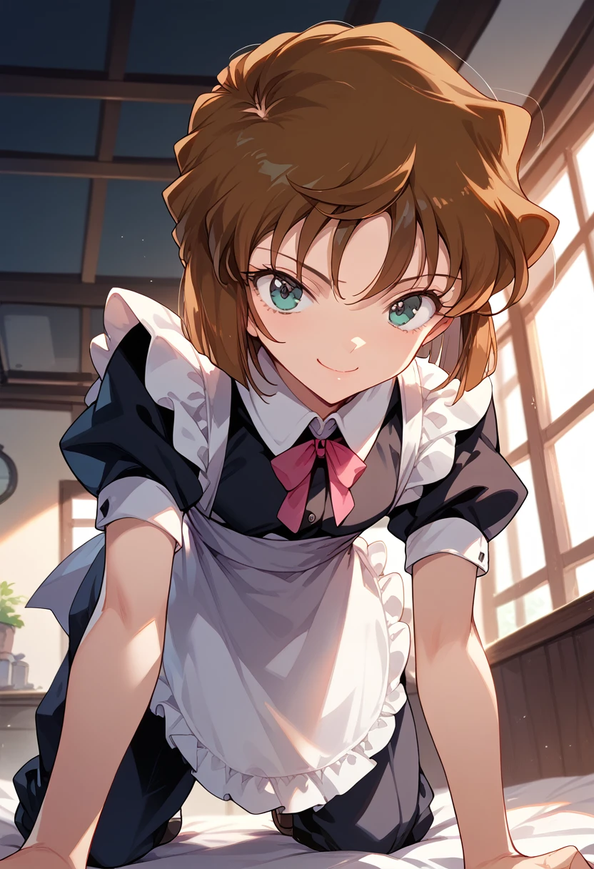 masterpiece,High resolution,Highest quality,8k(Detective Conan,Haibara Ai) (,,Flat Chest,short,Brown Hair,short hair) ((Maid clothes))On all fours,From below,smile