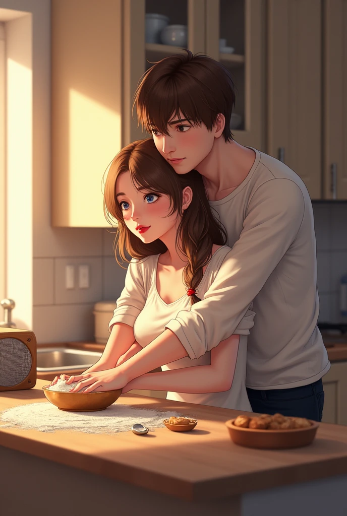 background an elegant kitchen with neutral colors, warm light. girl sitting on the kitchen bar with very light brown hair and brown eyes and red lips. Standing behind the counter while kneading flour from a bowl, brown haired boy with blue eyes behind her with his hands on top of her while he has his face pressed against the girl's neck, a small speaker next to the bar.