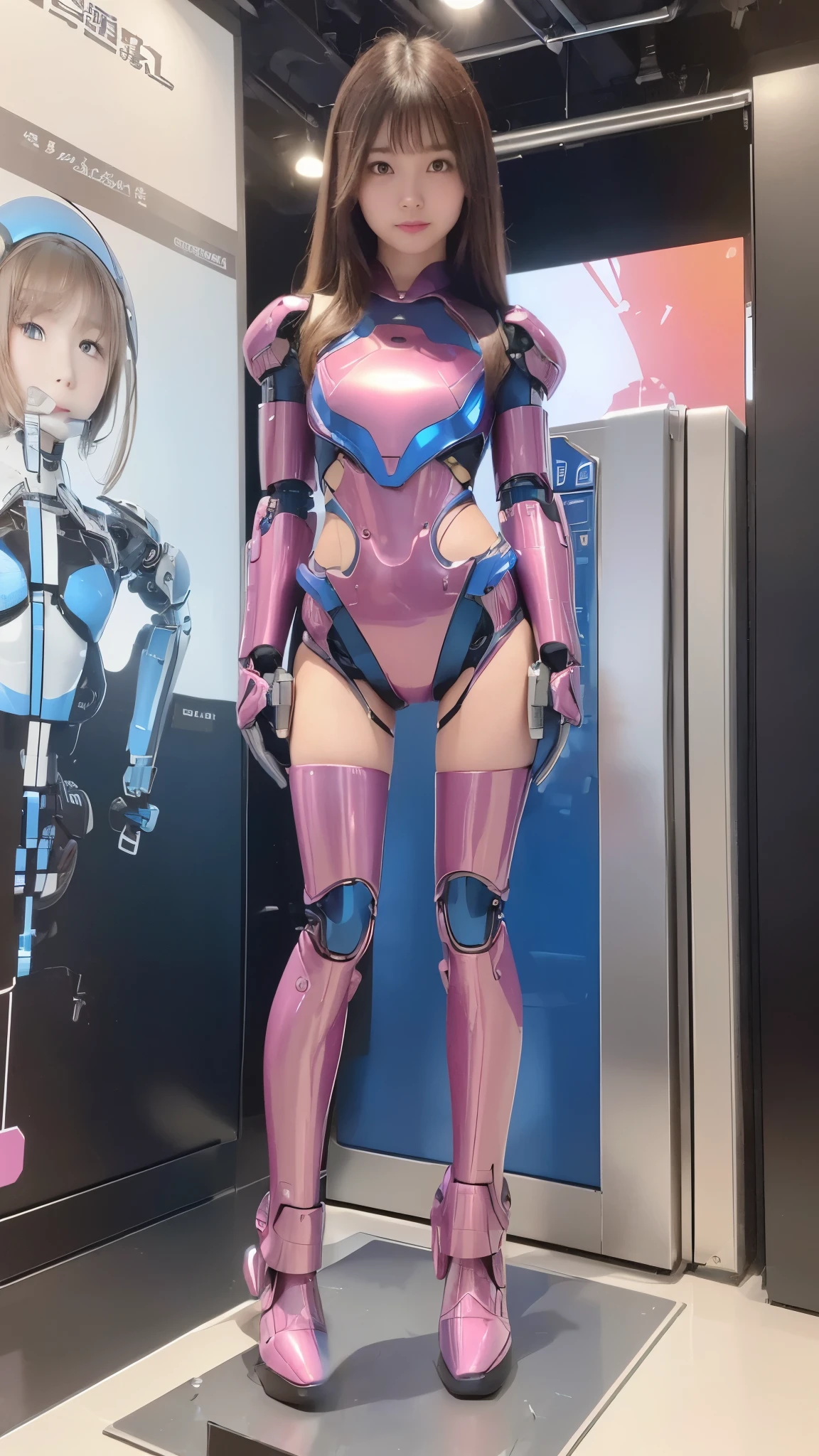 (Photorealsitic:1.4)、one robot woman、(top-quality)、(hyperdetailed face)、(Super well-formed face)、(Robot Parts)、(Female-Robot)、(25 years-old)、(Blue)、(pink there)、(Burgundy)、(metallic)、(full-body)、(sexy pose)、(Slender body)、(Model body type)、(full body mech)、(mechanical exposure)、(Akihabara)、(is looking at the camera)、(A brown-haired)、(Well-proportioned lady)、(a small face)、(a small head)、(well-groomed fingers)、(Idol)、(front facing)、(Standing with legs open)、(Photo session)、(Looks sad)、(perfect-female-robot)、(perfect-mechanical-body)