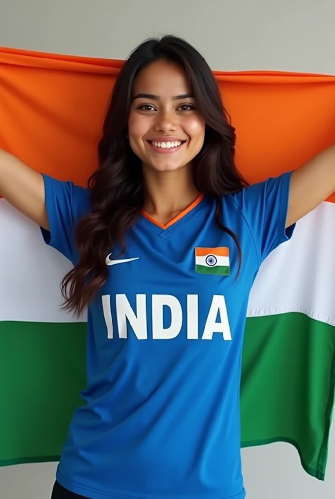 A 18 years old girl named MANISHA holding indian flag, she is wearing Blue jursey with her name (beautiful white skin girl)