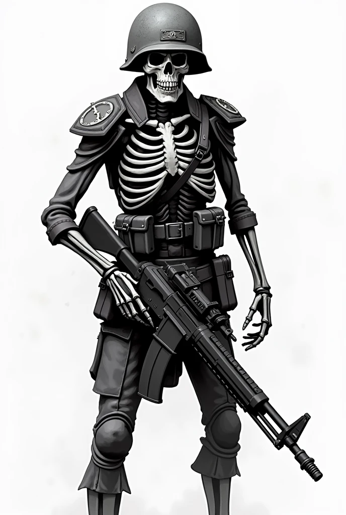 Skeleton with military helmet and weapon png vector black and white image