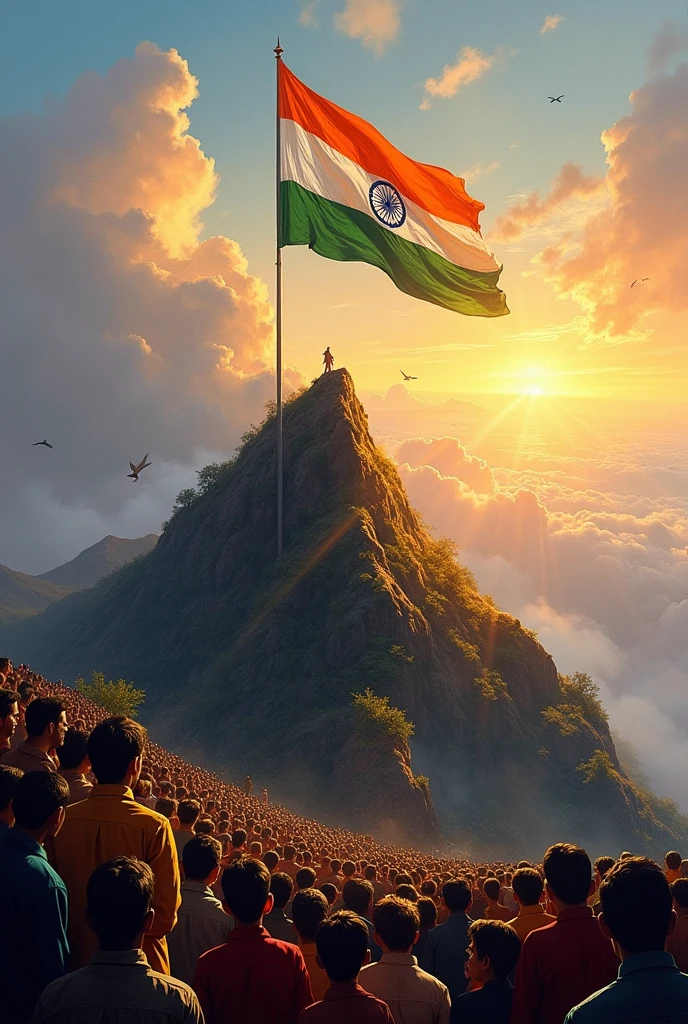 An oil painting image of India’s flag on the top of the mountain, thousands of the people looking at the flag from distance distance, at the time of evening, warm sunlight and birds in the sky. 