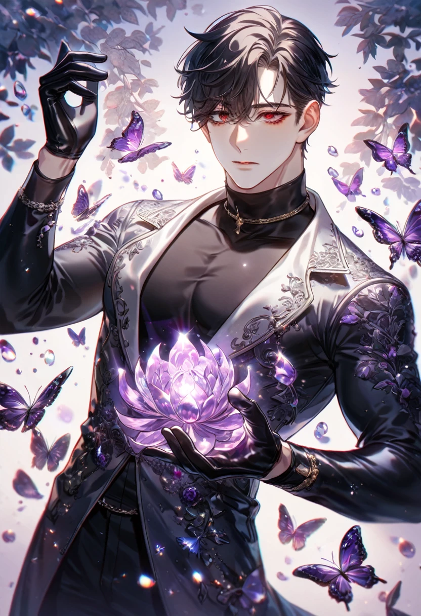 absurdres, highres, ultra detailed, HDR) master piece, best quality, extremely detailed, delicated features, Jaehwan, black hair that parts just above his left eye, expressive red eyes, The World After The Fall, solo, sexy man, handsome, black coat, black tight turtleneck shirt, toned, black gloves, fantasy, magical, glittering, shining, purple flames, purple moon, purple flowers, purple butterflies, garden