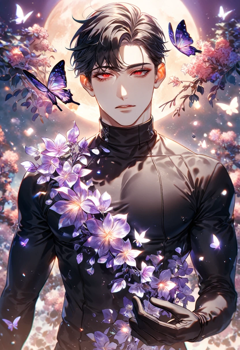 absurdres, highres, ultra detailed, HDR) master piece, best quality, extremely detailed, delicated features, Jaehwan, black hair that parts just above his left eye, expressive red eyes, The World After The Fall, solo, sexy man, handsome, black coat, black tight turtleneck shirt, toned, black gloves, fantasy, magical, glittering, shining, purple flames, purple moon, purple flowers, purple butterflies, garden
