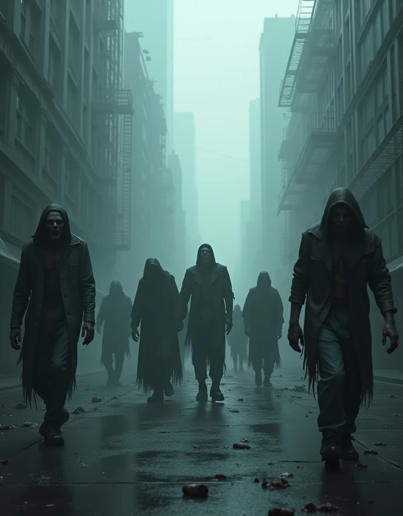 a group of zombies wandering through a foggy, mysterious New York City, Manhattan, (best quality,4k,8k,highres,masterpiece:1.2),ultra-detailed,(realistic,photorealistic,photo-realistic:1.37),dark fantasy,horror,moody lighting,dramatic shadows,cinematic composition,dystopian,desolate city,eerie atmosphere,dense fog,gloomy,ominous,haunting,unsettling,abandoned buildings,crumbling architecture,mysterious,supernatural,undead,gruesome,creepy,unsettling,muted colors,deep shadows,dramatic lighting