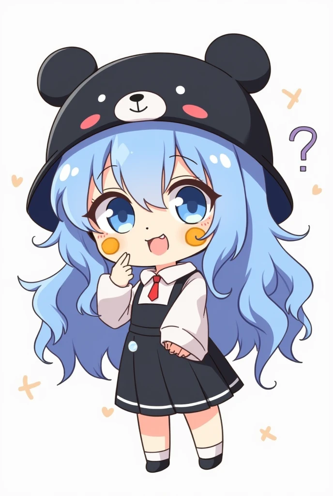 A chibi drawing of a girl with long, wavy blue hair wearing a black bear hat. She has two fried eggs on her cheeks, is dressed in a cool outfit, has big eyes, is poking her cheek with her finger, and has blue eyes.
