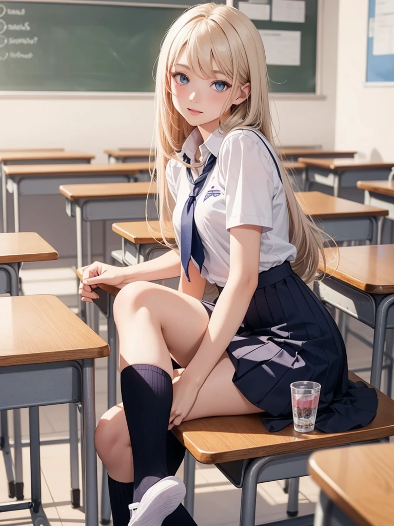 1 person, , Dynamic pose, Dynamic Angle, Pose placement,Top quality work，Show off your legs，(Long white hair),(blue eyes), Rose Cheeks, Pretty face, Perfectly balanced face, Swimwear, (School uniform), (Erotic),School, In the classroom,  round small breasts