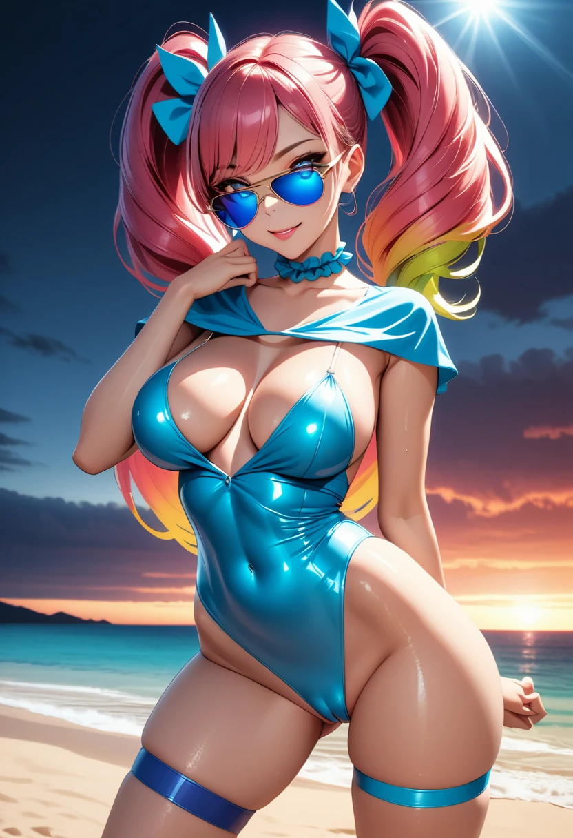 Busty turkish babe at the beach, (hot), bimbo, ((beautiful)), perfect glossy eyes, (attractive), luscious shiny glowing hair, ((perfect sexy feminine form)), perfect sexy proportions, feminine, smiling, enthusiastic, aviator sunglasses, slutty ponytails, ((slutty seductive pose)), almost naked, skimpy dressed, juicy red lips, frilly choker, ornate jewelry, sheer colorful shoulder shawl, micro high rise scrunchy latex thong, thigh band jewelry, small waist, (sexy hips), voluptuous round shapely ass, fully exposed ass cheeks, voluptuous round breasts, sexy thighs, vibrant aura, smooth shiny skin, sexy lighting, beach paradise background, smooth clean lines, ultra textured, ultra detailed, highest resolution, maximum quality, perfect, max detail, vivid colors, max texture, energetic composition, dramatic lighting, crystal clear, d perspective, high contrast, seamlessly blended, chromatic aberration, subpixel precision, bokeh effect depth art, anamorphic perspective, hdr high dynamic range, photorealistic rendering, spectral color graded, photometric lighting