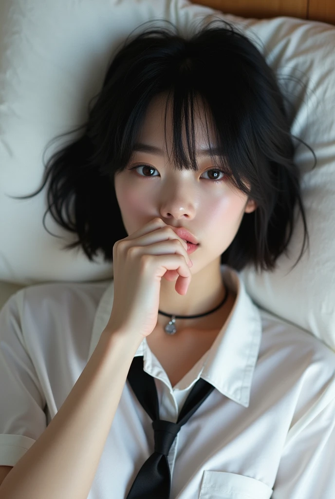 full body figure cover mouth with hand while laying down girl is beautiful japanese female and beautiful russian female mixed race only in the face age is 15 features of the whole body black hair medium straight bob cut hair style beautiful small face with short eyelashes boyish eyes only high nose dark blue pupils very thin upper lip milky white skin accurate attractive body shape beautiful bust waist hip s thighs knees legs choker and tie on neck wearing only a large size casual shirt shy face kindly and slightly in bed