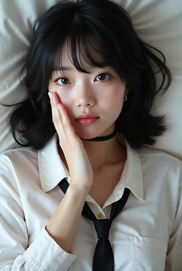 full body figure cover mouth with hand while laying down girl is beautiful japanese female and beautiful russian female mixed race only in the face age is 15 features of the whole body black hair medium straight bob cut hair style beautiful small face with short eyelashes boyish eyes only high nose dark blue pupils very thin upper lip milky white skin accurate attractive body shape beautiful bust waist hip s thighs knees legs choker and tie on neck wearing only a large size casual shirt shy face kindly and slightly in bed