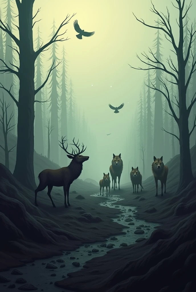 Create an image where animals are affected by the destruction of trees