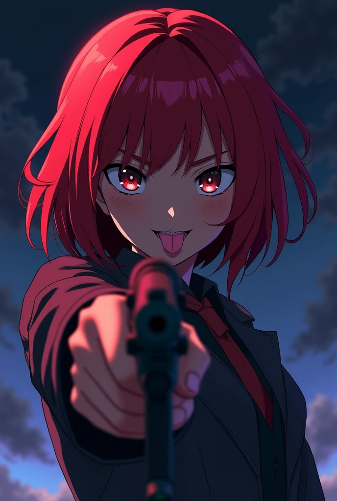 Girl with red hair, dark skin tone, with a mischievous smile and her tongue out, Pointing a gun at the camera, a night with lighting tones pulled towards purple and a little bit of blue, artwork style: anime minimalist