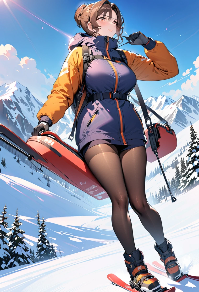 Wear ski clothing,Sled on the feet,Ski poles in hand,(highest quality,masterpiece,mature woman,brown hair:1.4),Black stockings