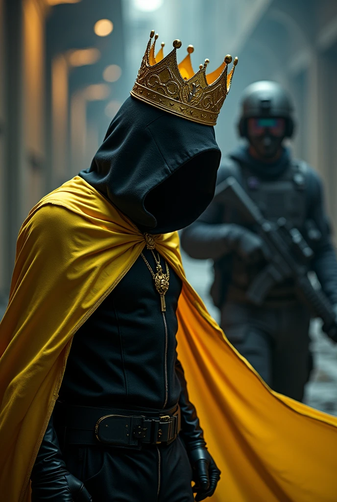 A hooded man, whose face is obscured, wearing a golden crown on his head, a SWAT suit, and a yellow cape, fighting against an elite soldier armed and wearing night vision goggles.