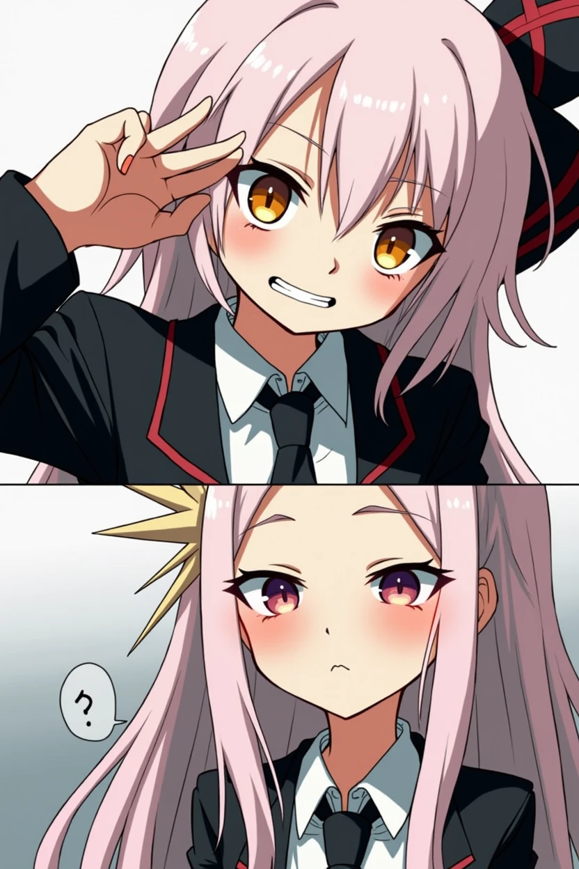 One with snake-like yellow eyes, a pale skin, with long, pastel pink hair. She wears a black school uniform, has a smirk as he hugs a blonde spiky-haired, Eyes red, a slightly tanned skin, he wears a black school uniform, has an embarrassed annoyed expression (drawing in bnha style)