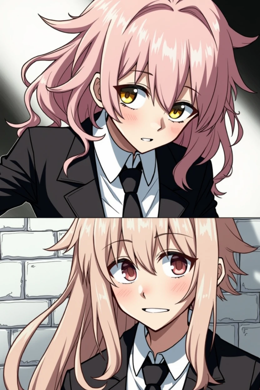 One with snake-like yellow eyes, a pale skin, with long, pastel pink hair. She wears a black school uniform, has a smirk as he hugs a blonde spiky-haired, Eyes red, a slightly tanned skin, he wears a black school uniform, has an embarrassed annoyed expression (drawing in bnha style)
