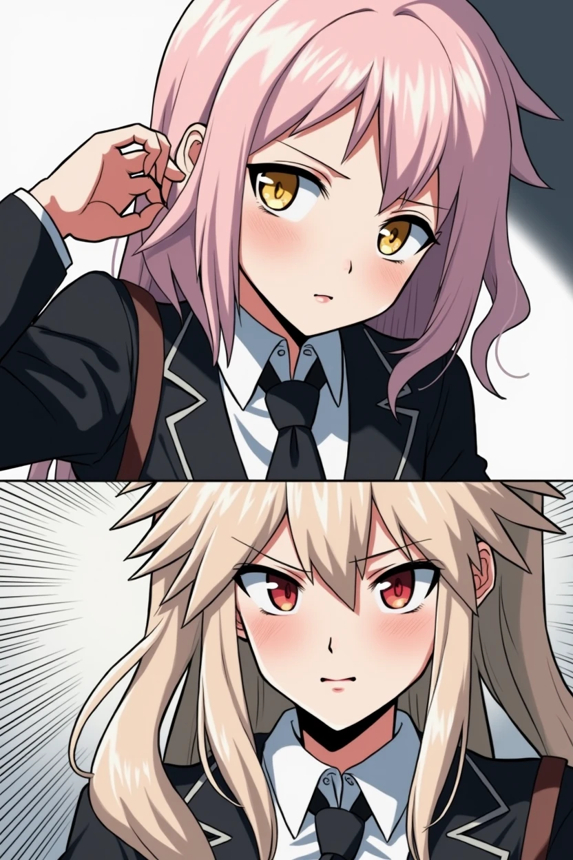 One with snake-like yellow eyes, a pale skin, with long, pastel pink hair. She wears a black school uniform, has a smirk as he hugs a blonde spiky-haired, Eyes red, a slightly tanned skin, he wears a black school uniform, has an embarrassed annoyed expression (drawing in bnha style)