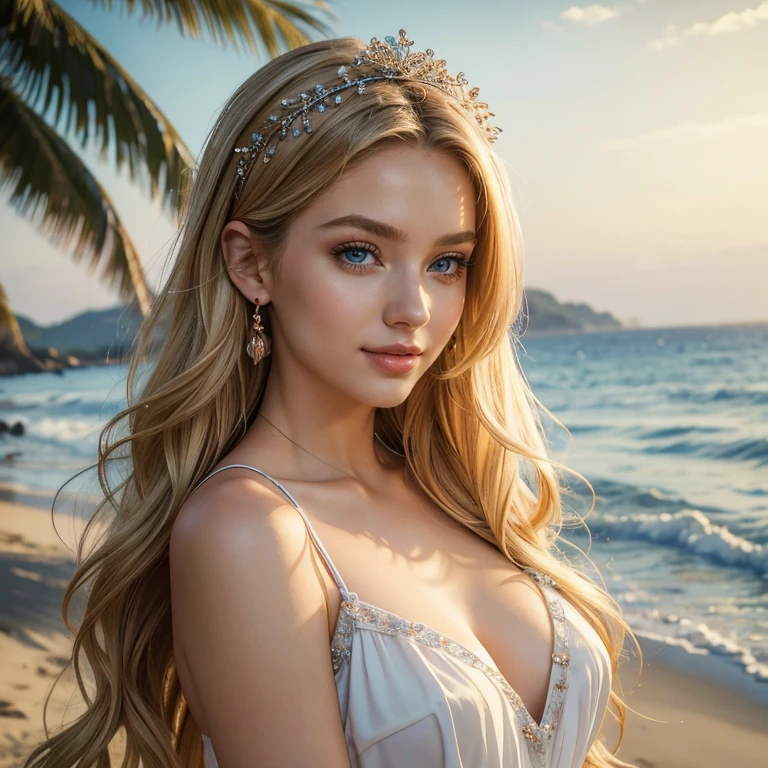 golden hour lighting, outside beachside and ocean scene with beautiful colorful vibrant sunset, perfect composition, Very beautiful portrait, real photo, 2 very innocent supermodel, seductively lying down on the beach, wearing a high fashion expensive highly detailed very expensive bottom half lingerie style French maid very y slutty outfit (no bra with visible nipck and white lace thong, very beautiful long flowing wavy blonde wind blown hair, the perfect day, shy little teasing flirty smile, perfect small cleavage, ose, sexy pose, seductipose, very fun flirty sly seductive very mischievous smile,