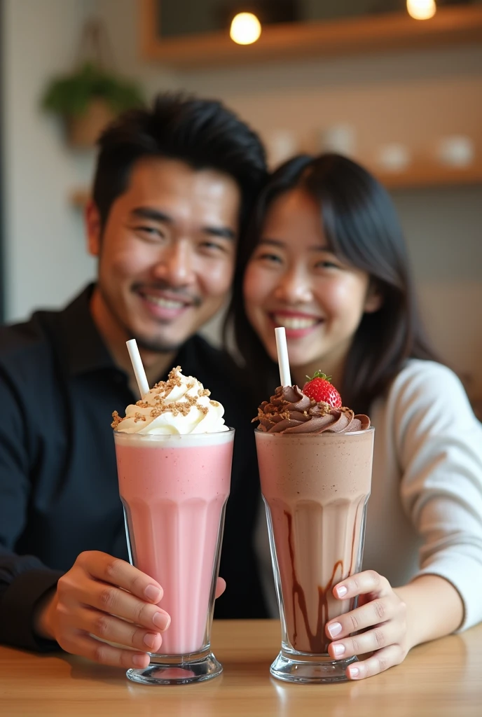 Japanese couple with a strawberry milkshake and a chocolate milkshake for a commercial advertisement