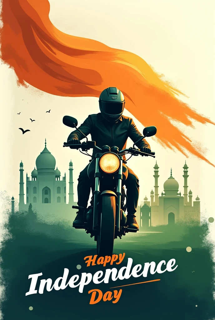 Here’s a prompt you can use to generate an AI image for India Independence Day wishes:
---
"Create an Independence Day-themed image with an abstract background incorporating colors of the Indian flag (saffron, white, and green). Include stylized silhouettes of famous Indian landmarks such as the Taj Mahal, India Gate, and Qutub Minar within the abstract design. Feature a man on a bike, wearing a riding jacket and helmet, with the Indian flag flowing behind him. Add a message saying 'Happy Independence Day' in a stylish, prominent font. The overall feel should be vibrant and festive."