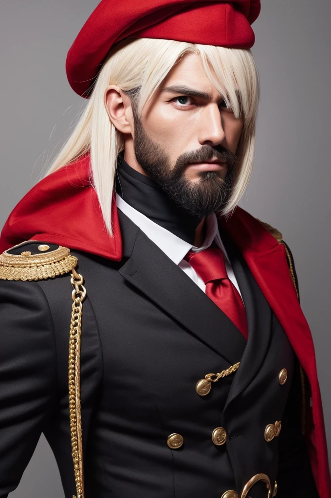 1 men, 1 , black beard, muscular, Face, (badass clothing:1), (lawyer:1.1) uniform costume, work of art, High details, high qualiy, best qualityer, high resolution, First person view,red beret and platinum blonde hair