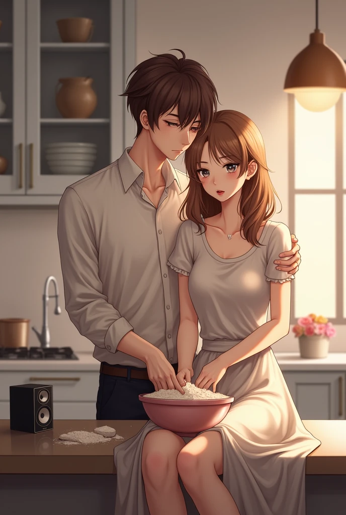 background an elegant kitchen with neutral colors, warm light. girl sitting on the kitchen bar with very light brown hair and brown eyes and red lips. Standing behind the counter while kneading flour from a bowl, brown haired boy with blue eyes behind her with his hands on top of her while he has his face pressed against the girl's neck, a small speaker next to the bar.