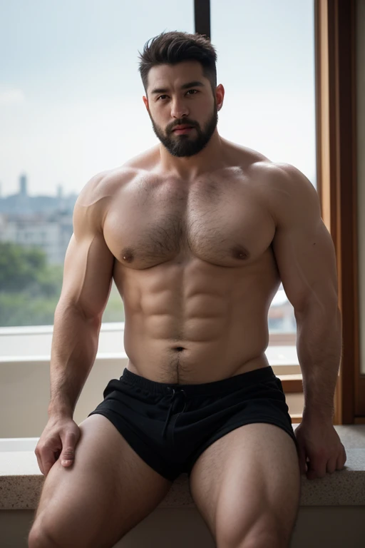 ((best quality)), ((masterpiece)), (detailed), perfect big detailed hairy plump muscle man in bath , beard, dark skin color, skinhead, Japanese men,