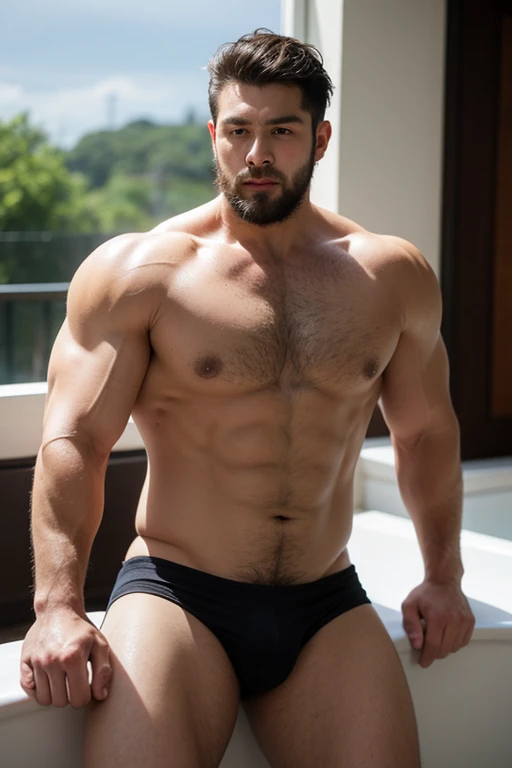 ((best quality)), ((masterpiece)), (detailed), perfect big detailed hairy plump muscle man in bath , beard, dark skin color, skinhead, Japanese men, 