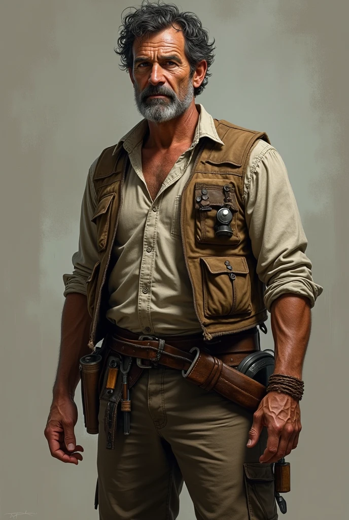  A man of average height with a strong but somewhat corpulent build. He has tanned, wrinkled skin from exposure to the sun and the wild environment.. His eyes are deep brown and often appear tired but wise. His hair is dark, a bit messy and with some visible gray hair. sturdy pants, like a slightly wrinkled cotton shirt, a leather vest that shows signs of use, He wears simple but functional clothing. He wears a belt with several pockets and tools, reflecting his practical life adapted to nature.