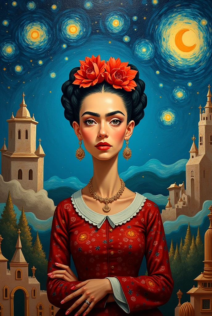 Painting of Frida Kahlo in a Dali painting setting and starry sky by Vincent Van Gogh