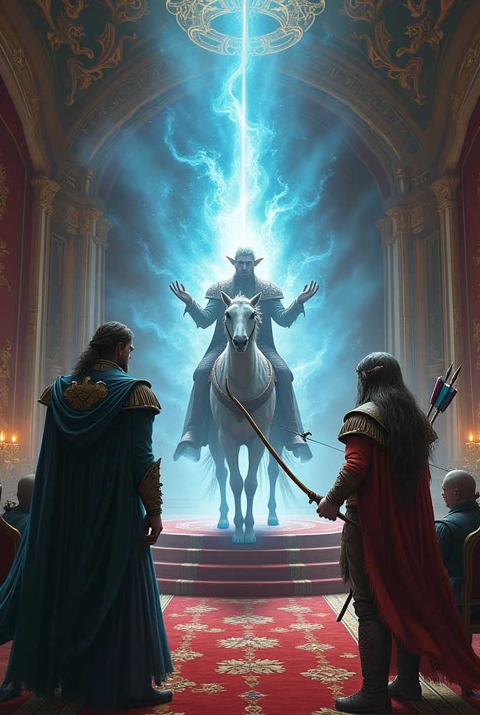 “The three suitors, now united, strategizing in the royal court. One with a magical chariot, one with a mystical aura, and the archer preparing his bow. The scene is filled with urgency and determination.”