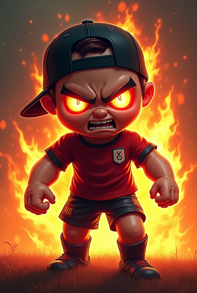 Make an image of a doll , with a backward cap and eyes shooting fire and angry, for a soccer team logo