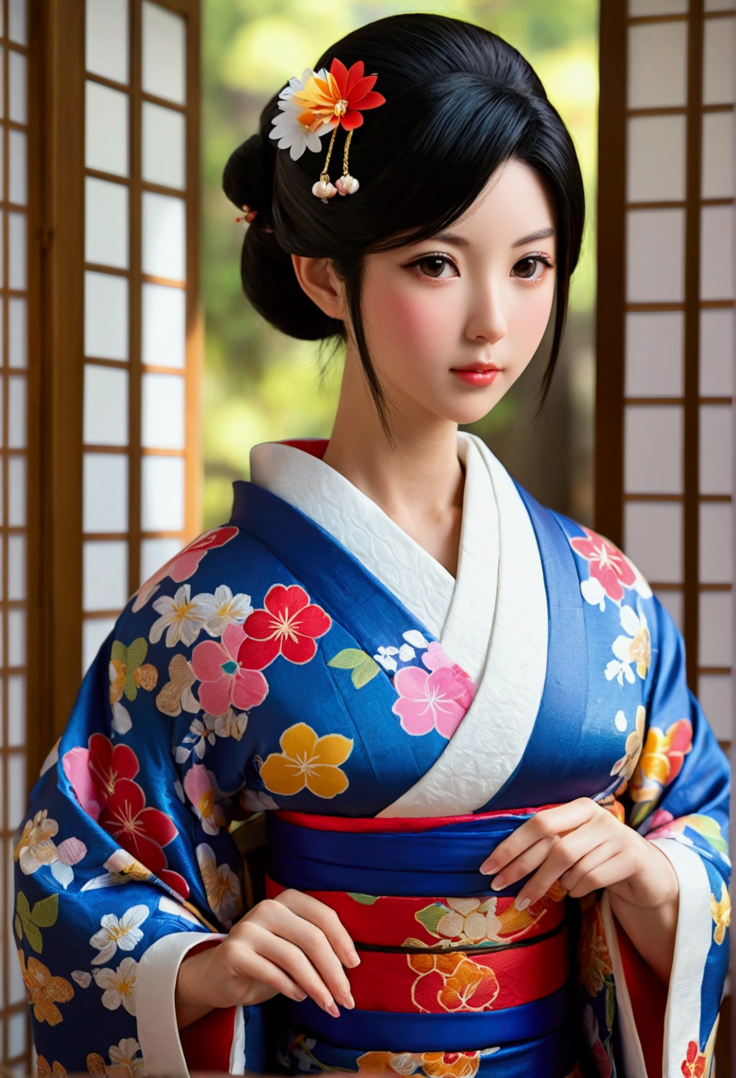 最high quality、high quality、Best image quality、8k、最High resolution、High resolution、最high quality、masterpiece、RAW Photos、whole body写真、A very cute face like an idol、Smiling Kindly、Detailed and realistic human body、Detailed and realistic skin、Realistic face in every detail、Detailed and realistic eyes、Detailed and realistic lips、Detailed and realistic teeth、Detailed and realistic ears、Detailed and realistic hair、Detailed and realistic weapons、Realistic reproduction of every detail、Realistic fingers in every detail、(Beautiful Hands、thumb１reference４)、Realistic feet down to the last detail、((Beautiful Japan))、(Japanese Model)、((18 year old beautiful girl))、(Black Hair)、(Straight hair)、((whole body))、(Slim and perfect figure)、(whole body光沢肌、Fair skin)、Detailed and realistic human body、Detailed and realistic skin、Realistic face in every detail、Detailed and realistic weapons、Realistic fingers in every detail、Detailed realistic feet、Soft natural light、(Maiko、geisha、kimono、Long-sleeved kimono、yukata、Japanese tradition、Samurai residence、Japanese garden、(((Colorful floral pattern(丈が短いkimono)))、(((kimonoめくり(kimonoの裾を上げる)))、(((Beautiful thighs(Sexy panties are in sight)))