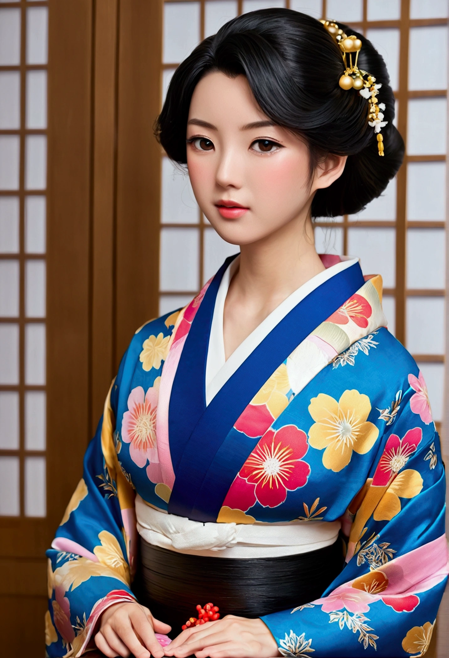 最high quality、high quality、Best image quality、8k、最High resolution、High resolution、最high quality、masterpiece、RAW Photos、whole body写真、A very cute face like an idol、Smiling Kindly、Detailed and realistic human body、Detailed and realistic skin、Realistic face in every detail、Detailed and realistic eyes、Detailed and realistic lips、Detailed and realistic teeth、Detailed and realistic ears、Detailed and realistic hair、Detailed and realistic weapons、Realistic reproduction of every detail、Realistic fingers in every detail、(Beautiful Hands、thumb1reference4)、Realistic feet down to the last detail、((Beautiful Japan))、(Japanese Model)、((18 year old beautiful girl))、(Black Hair)、(Straight hair)、((whole body))、(Slim and perfect figure)、(whole body光沢肌、Fair skin)、Detailed and realistic human body、Detailed and realistic skin、Realistic face in every detail、Detailed and realistic weapons、Realistic fingers in every detail、Detailed realistic feet、Soft natural light、(Maiko、geisha、kimono、Long-sleeved kimono、yukata、Japanese tradition、Samurai residence、Japanese garden、(((Colorful floral pattern(丈が短いkimono)))、(((kimonoめくり(kimonoの裾を上げる)))、(((Beautiful thighs(Sexy panties are in sight)))