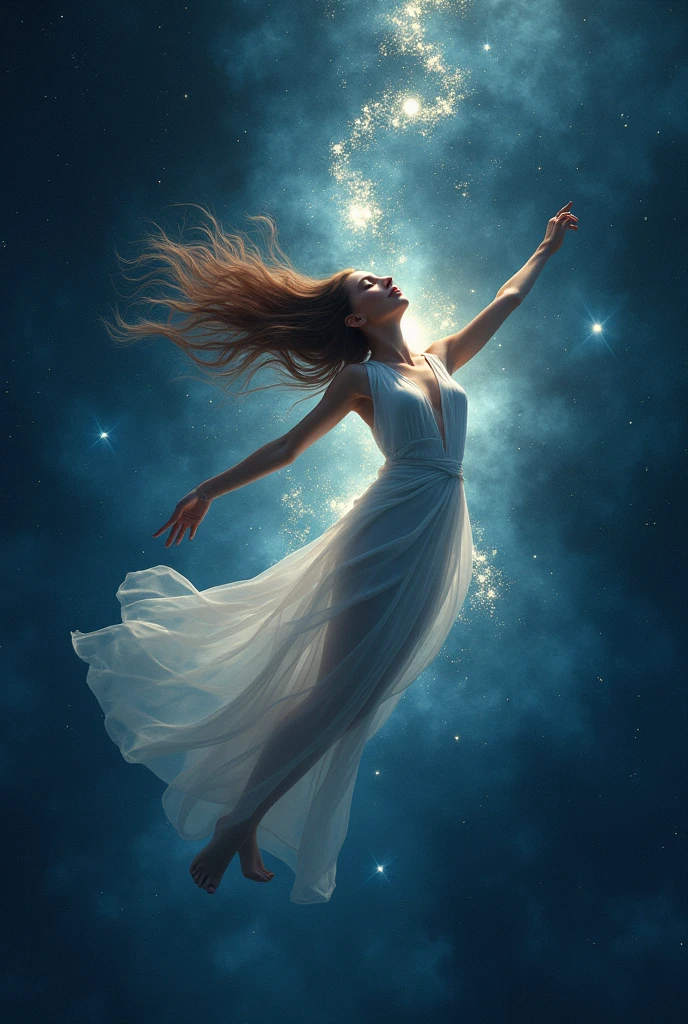 arafed woman in a blue dress is floating in the water, magical fairy floating in space, dramatic magic floating pose, dramatic floating pose, floating across the cosmic ocean, floating in the universe, cyborg goddess in cosmos, girl in space, she is floating in the air, floating among stars, floating in the cosmos nebula, floatiung in front of a nebula